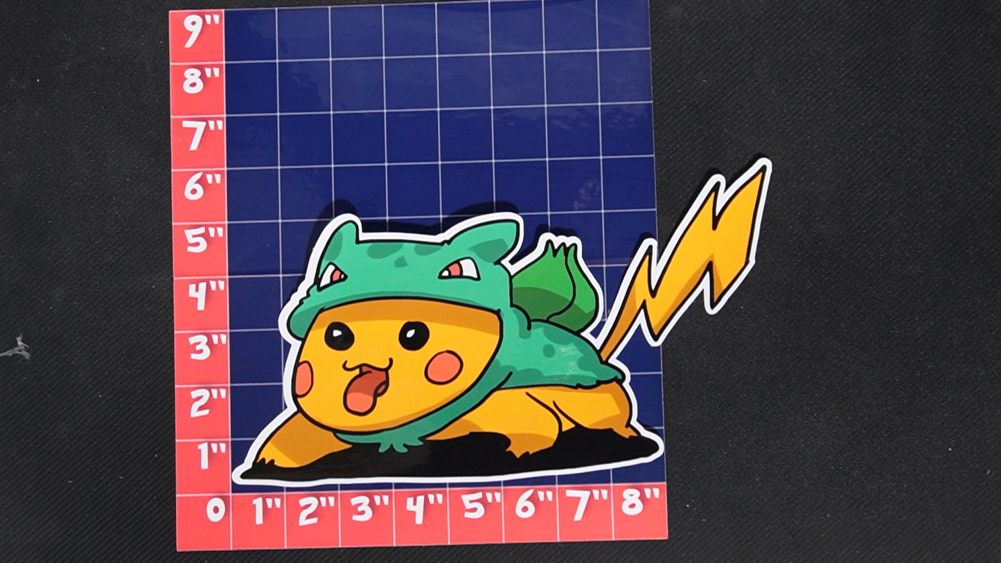 Jumbo Size Pikachu In Bulbasaur Costume Vinyl Pokemon Sticker for Laptops - Bulbasaur Bumper Sticker