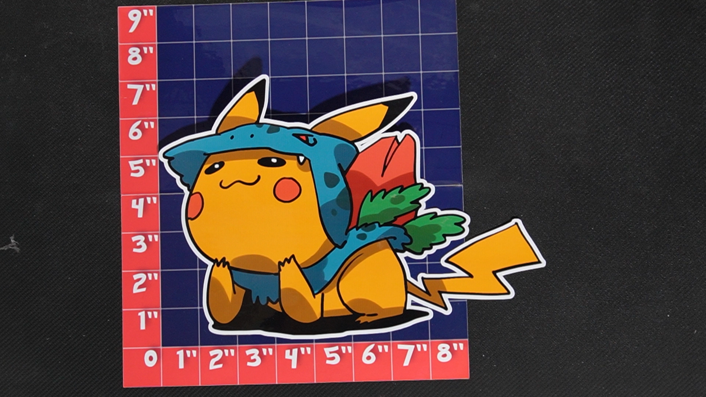 Jumbo Size Pikachu In Ivysaur Costume Vinyl Pokemon Sticker for Laptops - Ivysaur Bumper Sticker