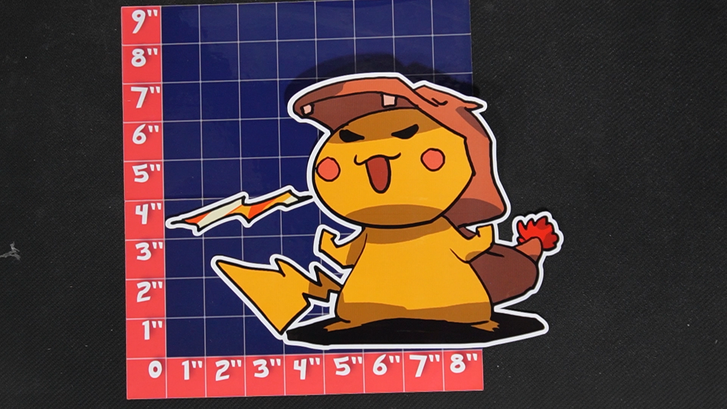 Jumbo Size Pikachu In Charmeleon Costume Vinyl Pokemon Sticker for Laptops - Charmeleon Bumper Sticker