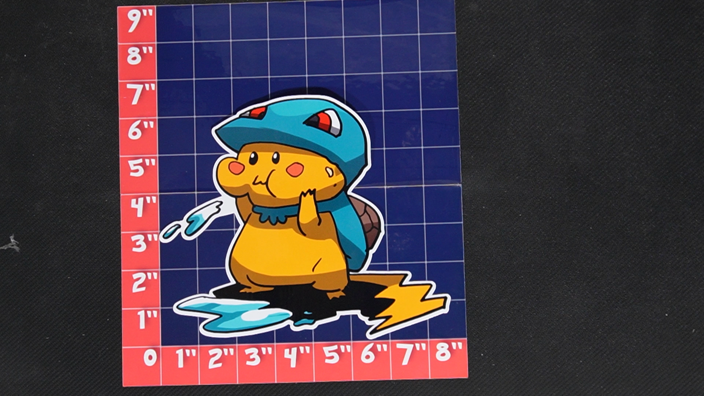 Jumbo Size Pikachu In Squirtle Costume Vinyl Pokemon Sticker for Laptops - Squirtle Bumper Sticker