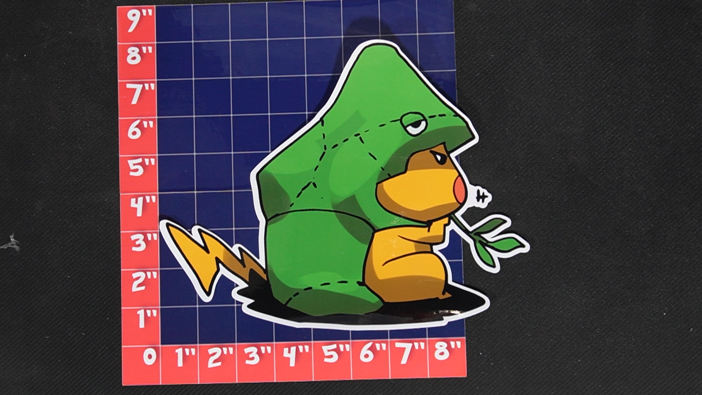 Jumbo Size Pikachu In Metapod Costume Vinyl Pokemon Sticker for Laptops - Metapod Bumper Sticker