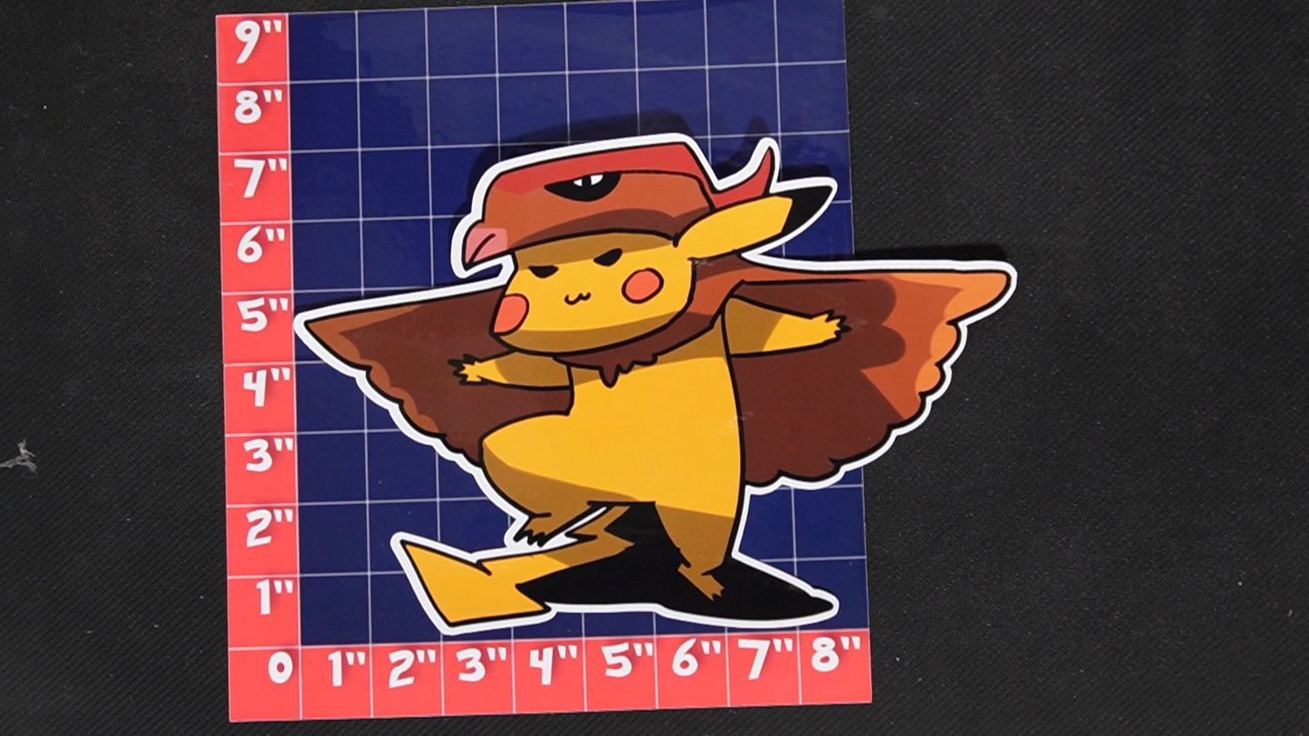 Jumbo Size Pikachu In Pidgeotto Costume Vinyl Pokemon Sticker for Laptops - Pidgeotto Bumper Sticker