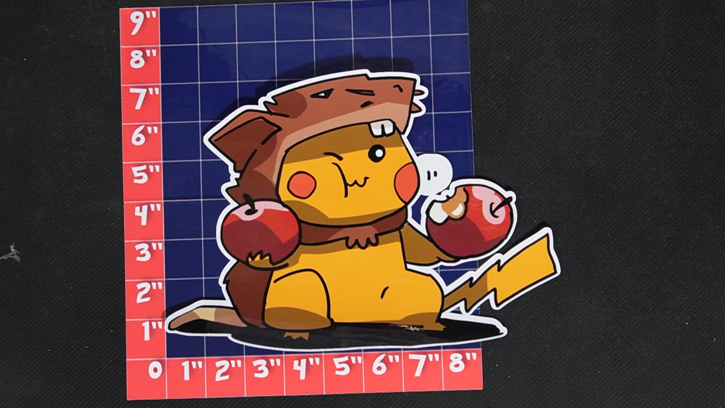 Jumbo Size Pikachu In Raticate Costume Vinyl Pokemon Sticker for Laptops - Raticate Bumper Sticker