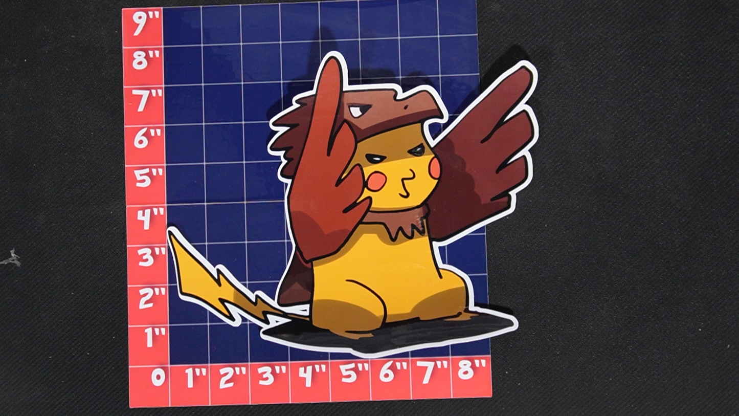 Jumbo Size Pikachu In Spearow Costume Vinyl Pokemon Sticker for Laptops - Spearow Bumper Sticker