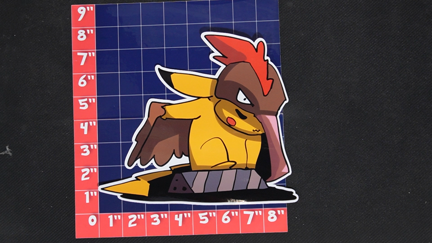 Jumbo Size Pikachu In Fearow Costume Vinyl Pokemon Sticker for Laptops - Fearow Bumper Sticker