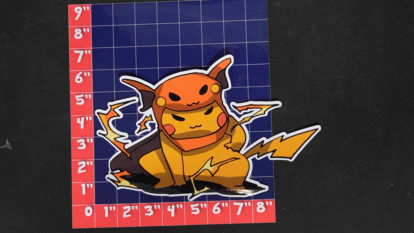 Jumbo Size Pikachu In Raichu Costume Vinyl Pokemon Sticker for Laptops - Raichu Bumper Sticker