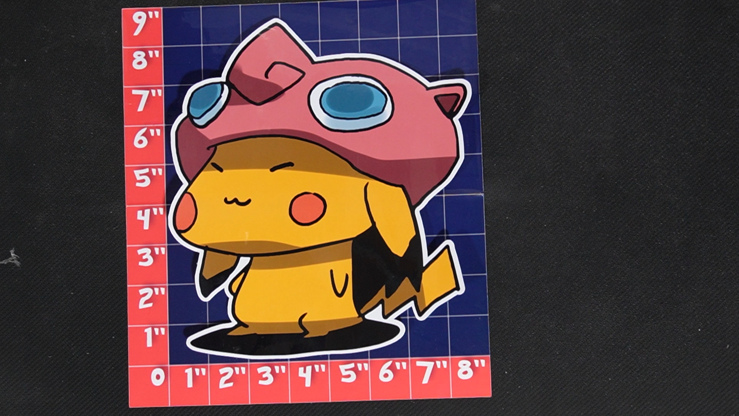 Jumbo Size Pikachu In Jigglypuff Costume Vinyl Pokemon Sticker for Laptops - Jigglypuff Bumper Sticker