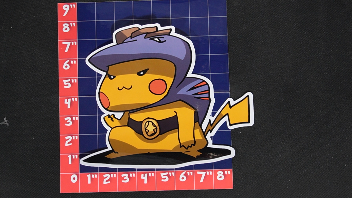 Jumbo Size Pikachu In Machoke Costume Vinyl Pokemon Sticker for Laptops - Machoke Bumper Sticker