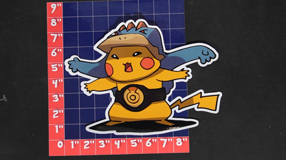 Jumbo Size Pikachu In Machamp Costume Vinyl Pokemon Sticker for Laptops - Machamp Bumper Sticker