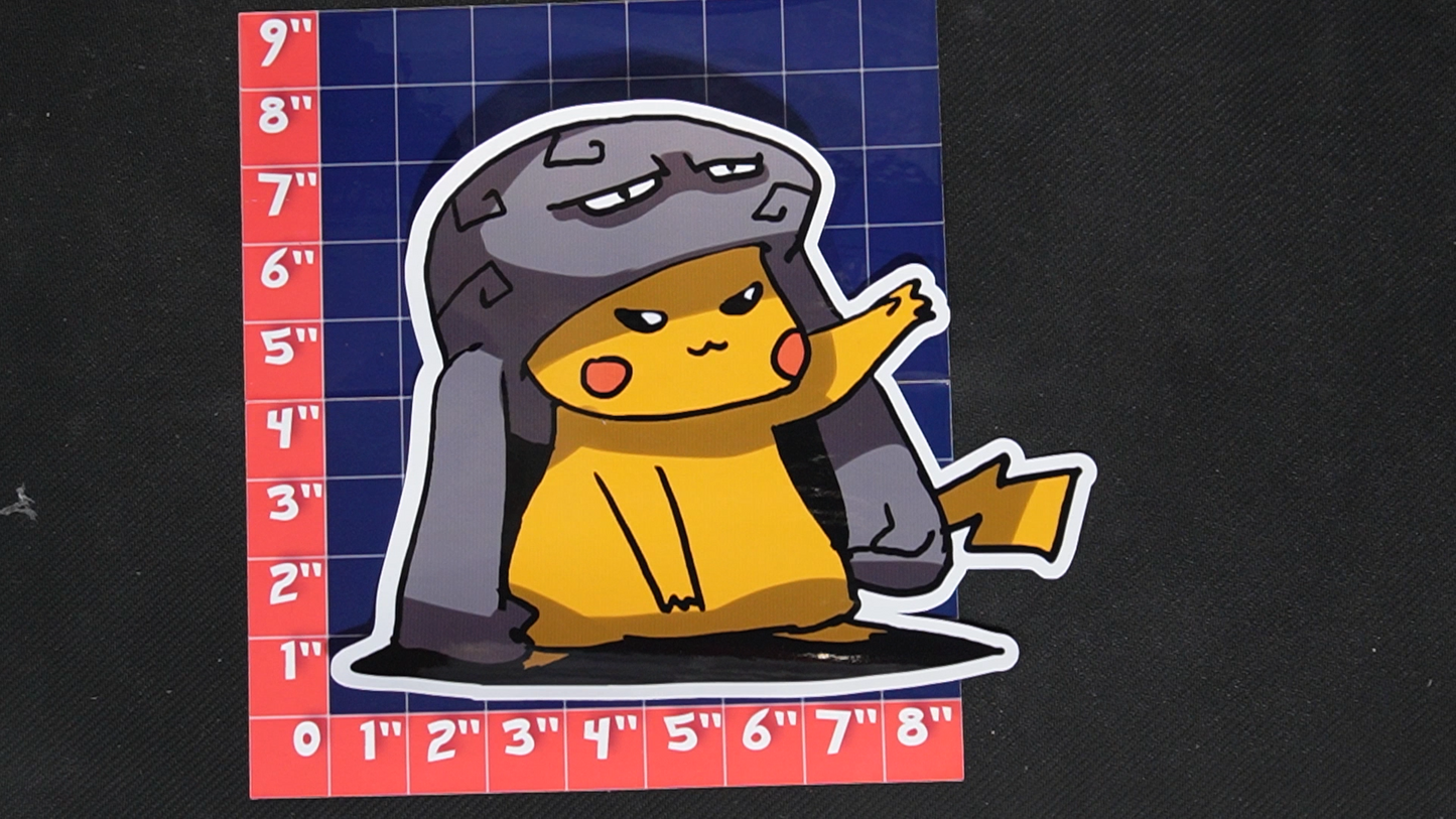 Jumbo Size Pikachu In Geodude Costume Vinyl Pokemon Sticker for Laptops - Geodude Bumper Sticker