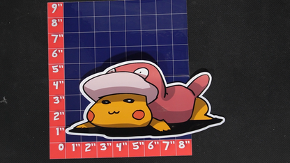 Jumbo Size Pikachu In Slowpoke Costume Vinyl Pokemon Sticker for Laptops - Slowpoke Bumper Sticker