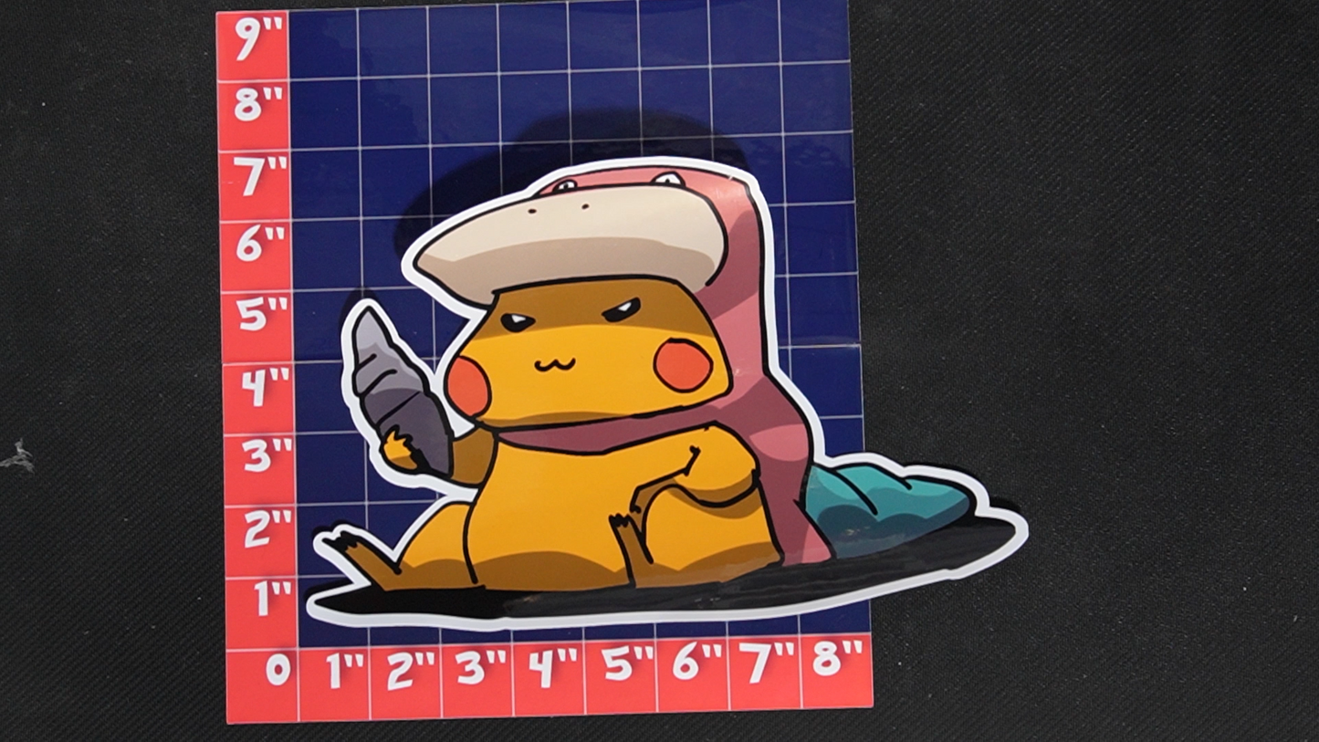 Jumbo Size Pikachu In Slowbro Costume Vinyl Pokemon Sticker for Laptops - Slowbro Bumper Sticker