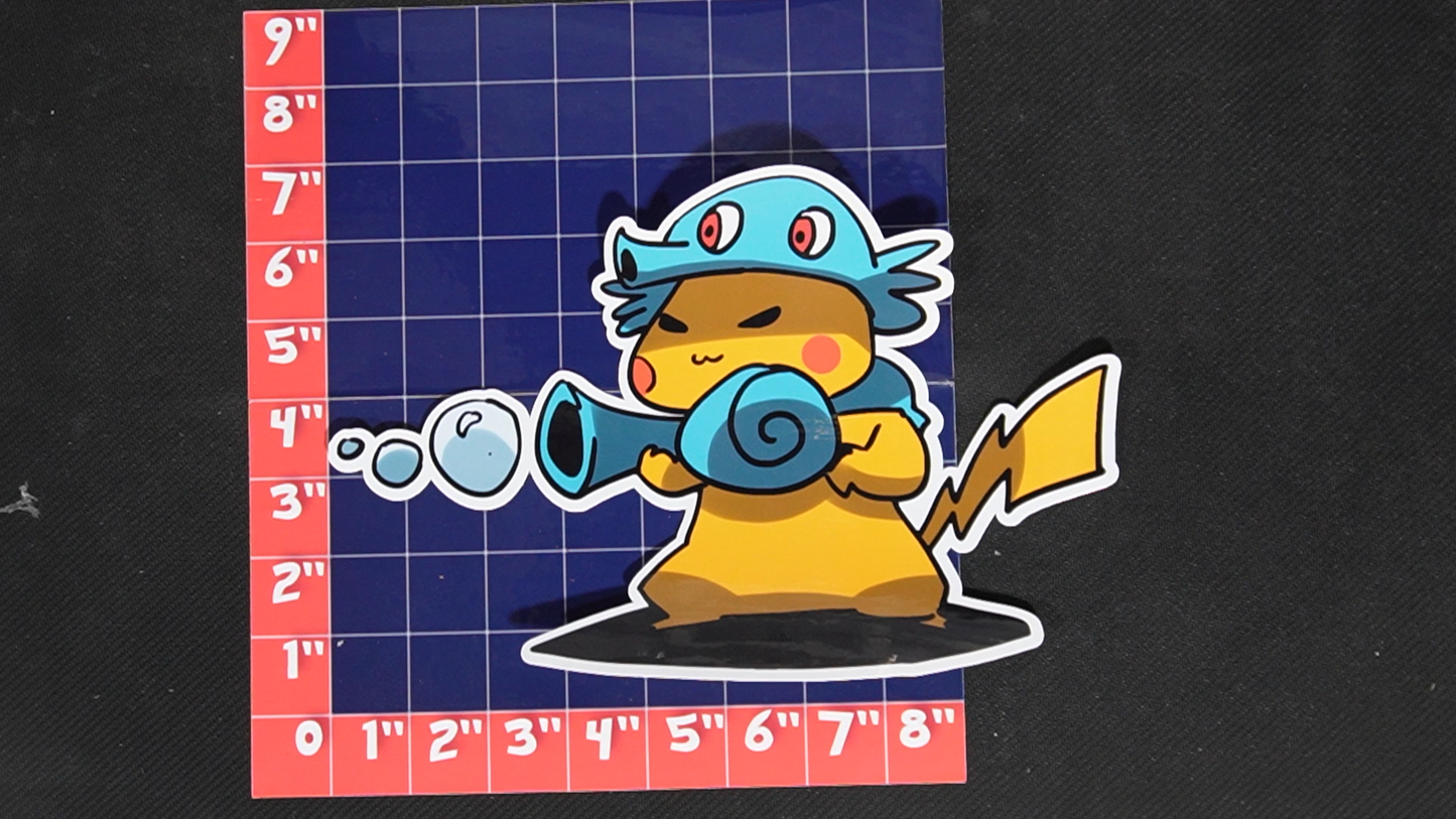 Jumbo Size Pikachu In Horsea Costume Vinyl Pokemon Sticker for Laptops - Horsea Bumper Sticker