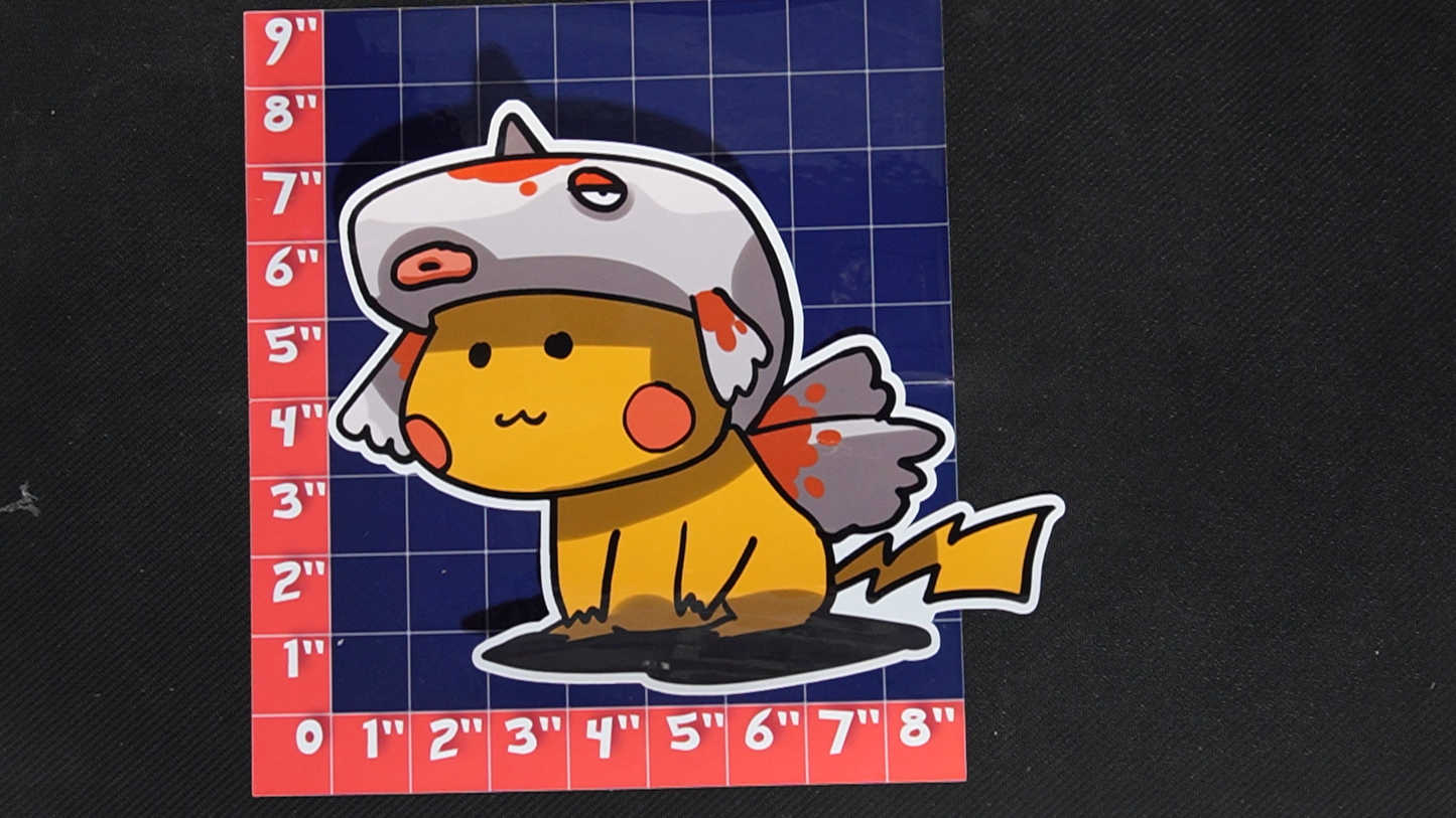 Jumbo Size Pikachu In Goldeen Costume Vinyl Pokemon Sticker for Laptops - Goldeen Bumper Sticker