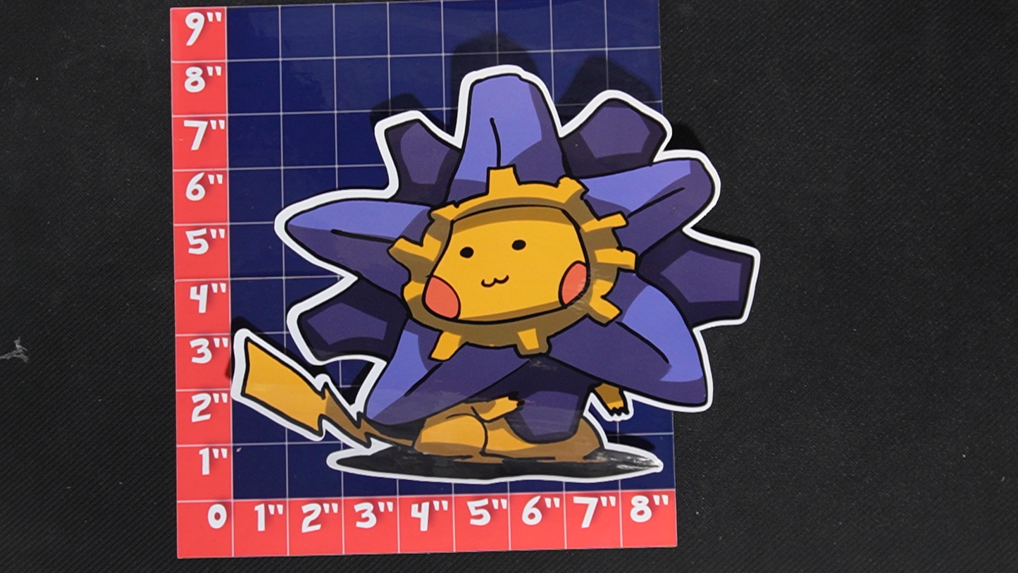 Jumbo Size Pikachu In Starmie Costume Vinyl Pokemon Sticker for Laptops - Starmie Bumper Sticker