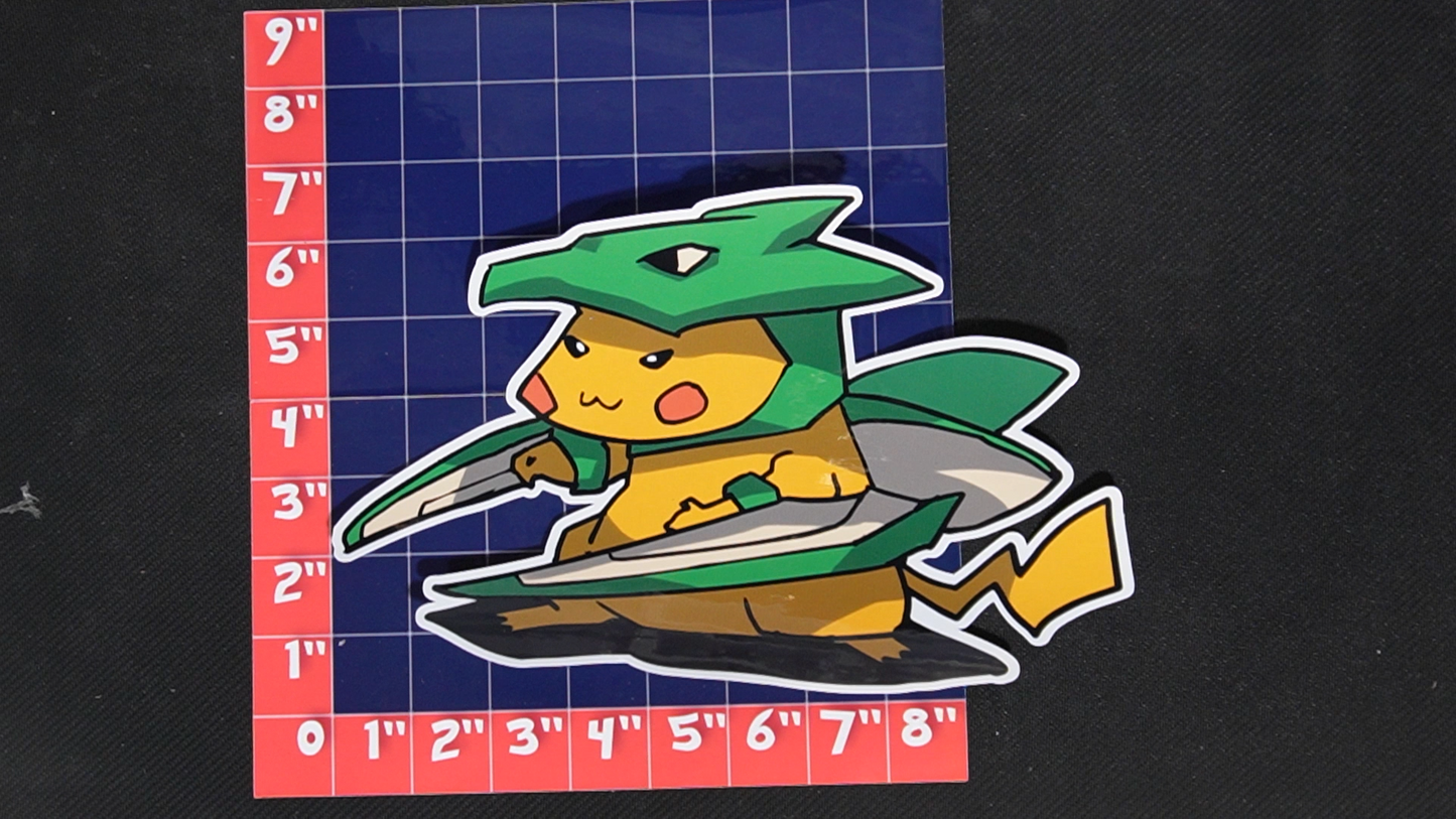 Jumbo Size Pikachu In Scyther Costume Vinyl Pokemon Sticker for Laptops - Scyther Bumper Sticker