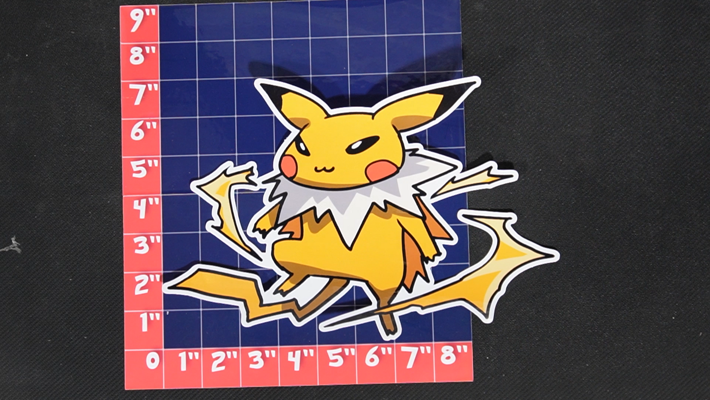 Jumbo Size Pikachu In Jolteon Costume Vinyl Pokemon Sticker for Laptops - Jolteon Bumper Sticker