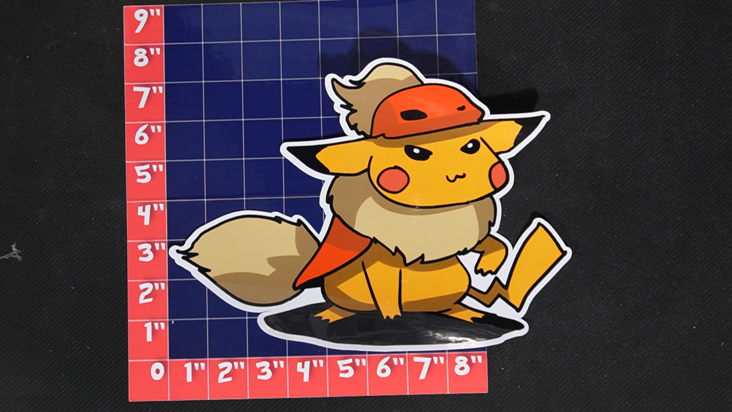 Jumbo Size Pikachu In Flareon Costume Vinyl Pokemon Sticker for Laptops - Flareon Bumper Sticker