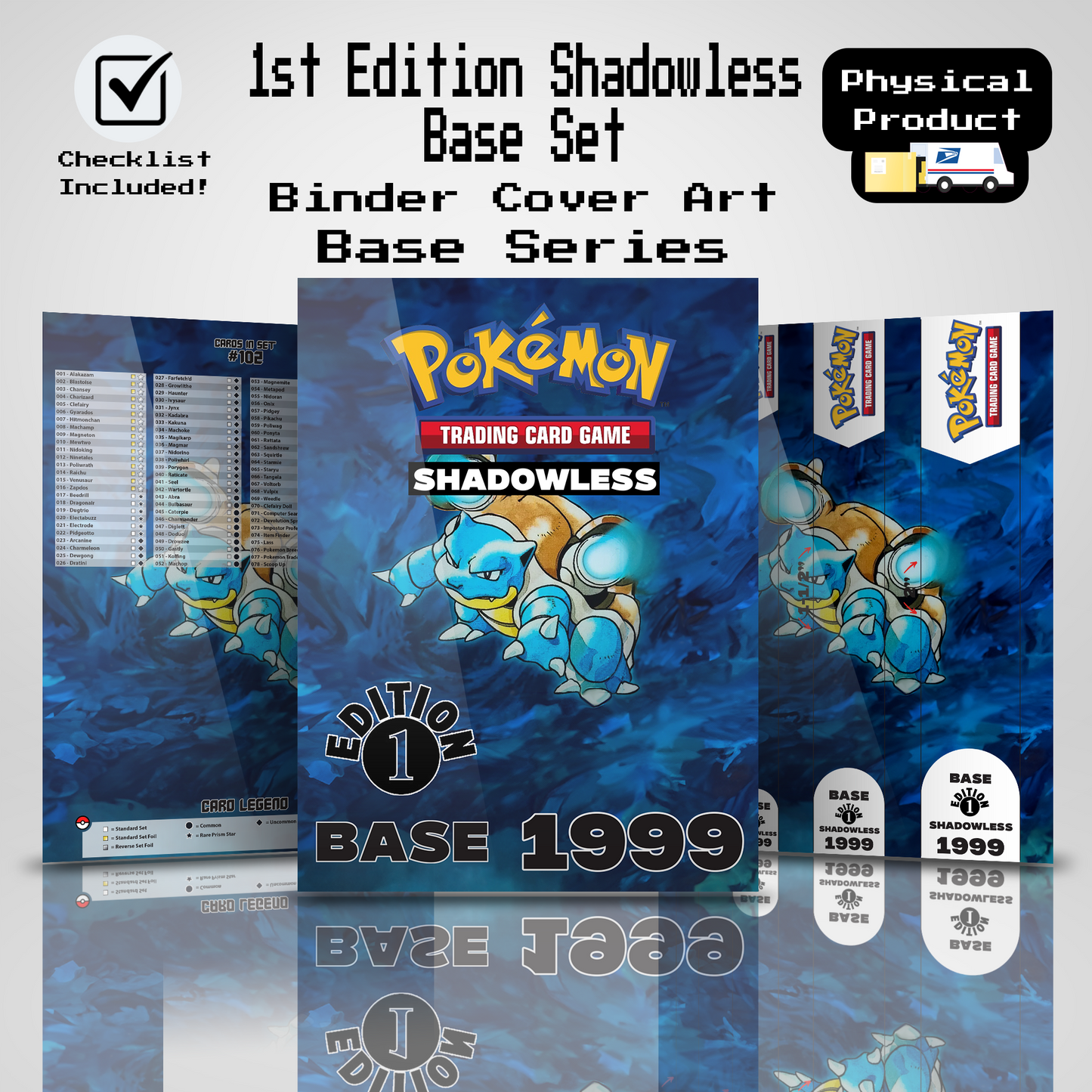 1st Edition Shadowless Base Set Binder Cover Art and Pokemon TCG Card Checklist